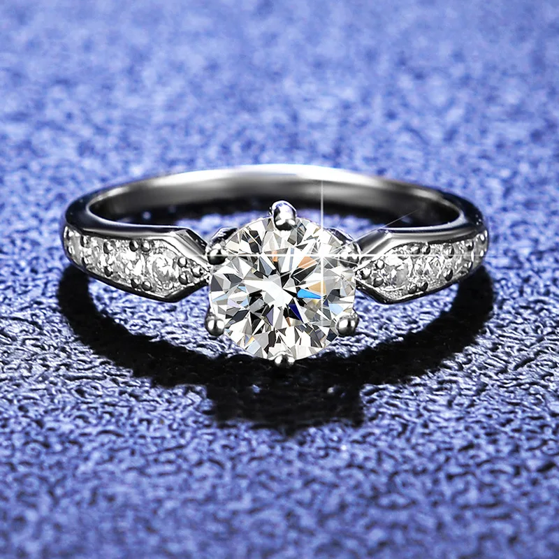 Factory Wholesale Six Prong D Color Moissanite Jewelry 1Carat 925 Sterling Silver Fine Jewelry Moissanite Diamond Ring for Women