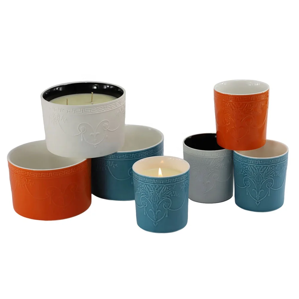 full custom eco-friendly nordic embossed logo wedding christmas decoration matte white ceramic candle jar vessels with lids