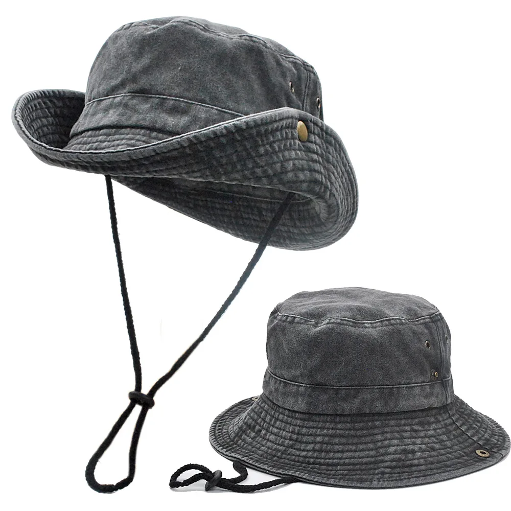 Custom Logo Fisherman Cap Washed Vintage Wide Brim Boonie Cap Cotton Fisherman Bucket Hat for Beach Fishing