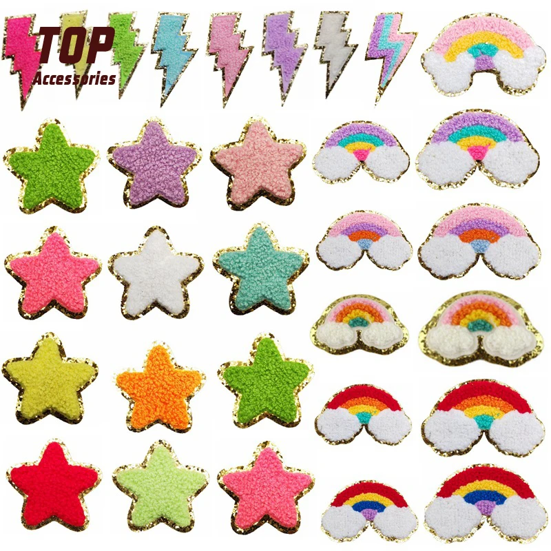 Glitter Gold Lightning Star Rainbow Chenille Towel Embroidery Patches