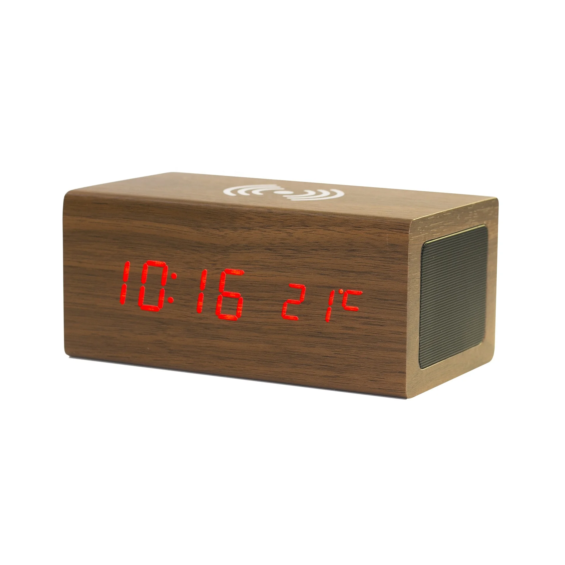 Factory OEM Logo Table Led Wireless Charger Phone Wooden Digital Wood Cheap Electronic Decorative Home Desktop Alarm Clock