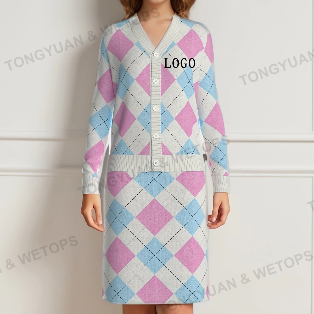 BSCI Custom Knit Sweater Oversized Autumn Winter 2024 New Design Fashion Plaid Greek Sweater Wrap Butt Skirt Suit For Women