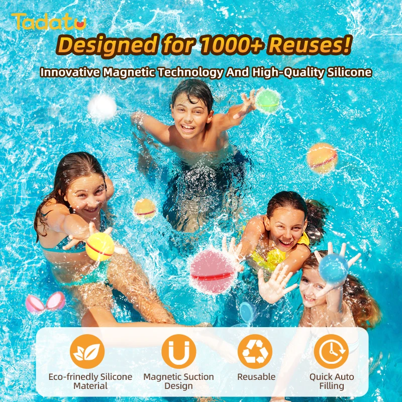 Tadatu Reusable Water Splash Ball Silicone Self Sealing Refillable Magnetic Reusable Water Bomb Balloons for Kids
