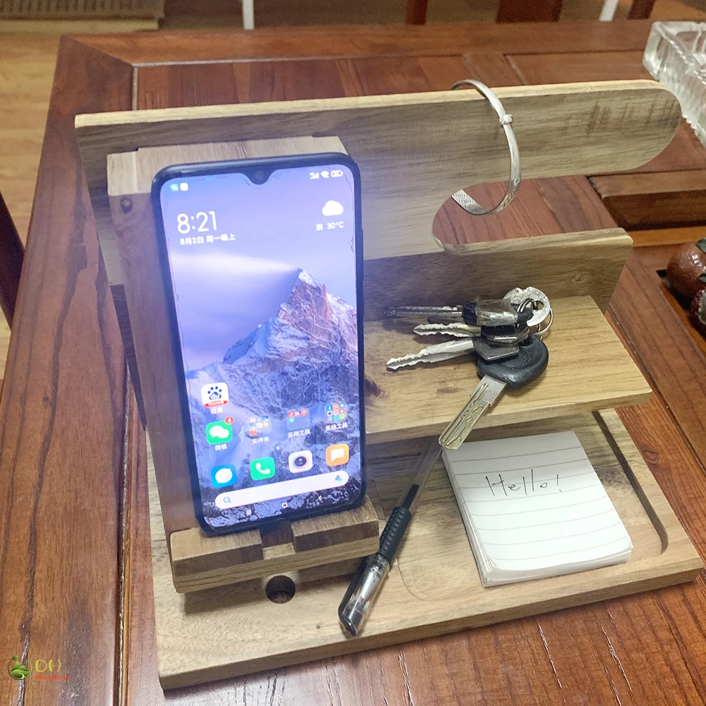 Wooden Phone Docking Station Organizer with Watch Glasses Wallet and Accessories Holder Perfect as a Desk Organizer gift for Men
