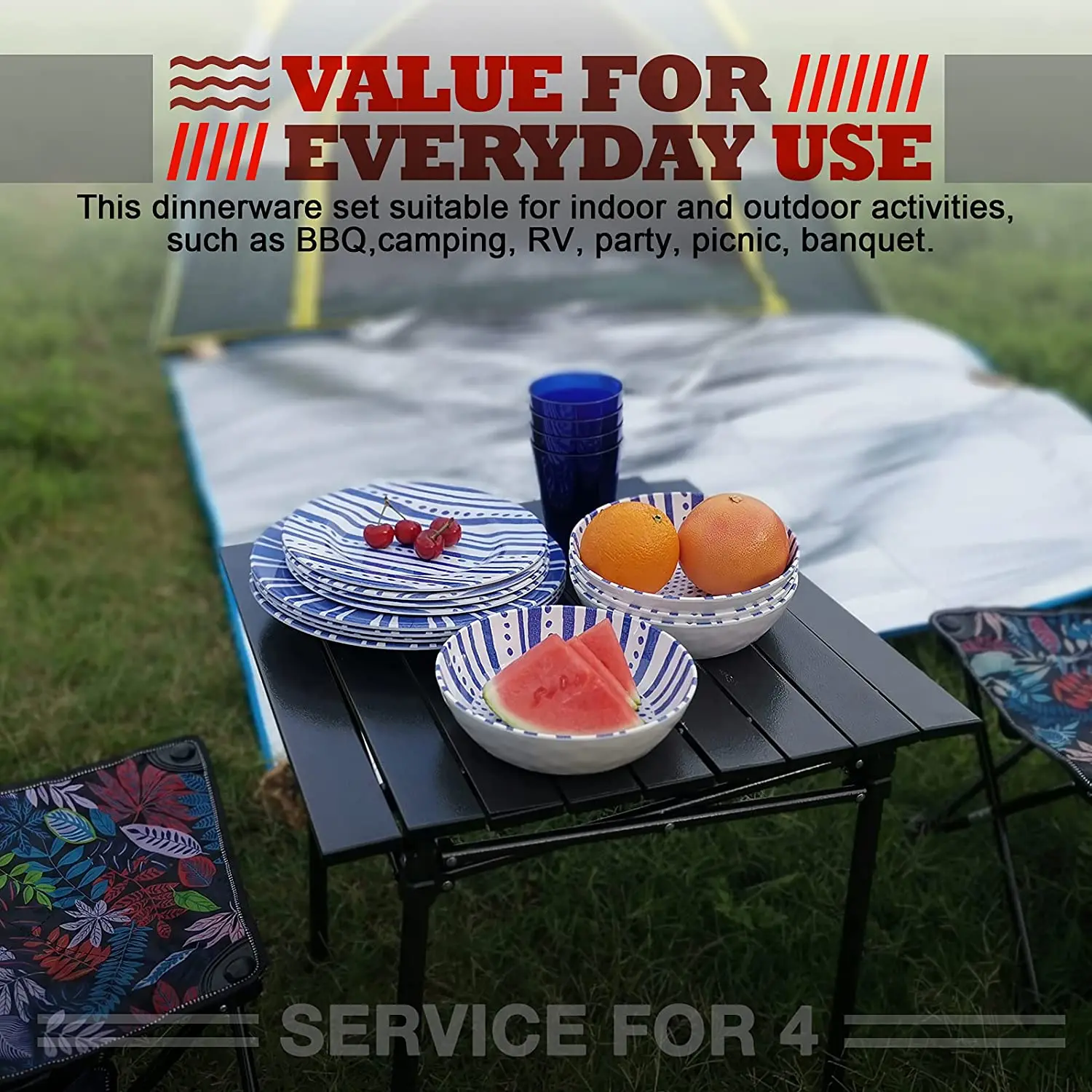 Customized light weight and unbreakable  Melamine   Camping Dishes Set with Dinner Plates and Salad Plates and Cups and Bowl