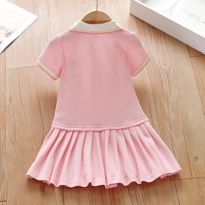 New Design Kids Summer Spring 100%cotton Preppy Style Girl Dress Rainbow Embroidery Kids Polo Dress