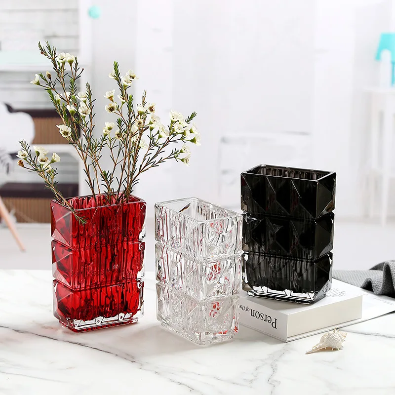 High Quality Custom Square Rectangular Crystal Glass Vase Home Decoration Tabletop Green Plant Flowers Coastal Design Wholesale