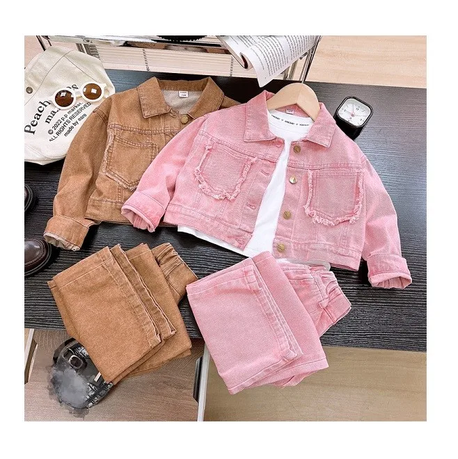 New fashion 2Pcs teen girls clothing sets solid tassels pocket denim jacket + jeans pants outfits for girls