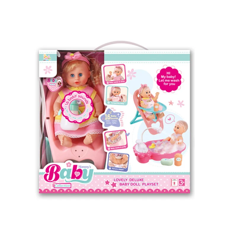 Wholesale Children 12 Inch English 16 Sound Ic Girl Baby Dolls Toy With Baby Bottle Basin Dining Chair Plate And Bath Set Series