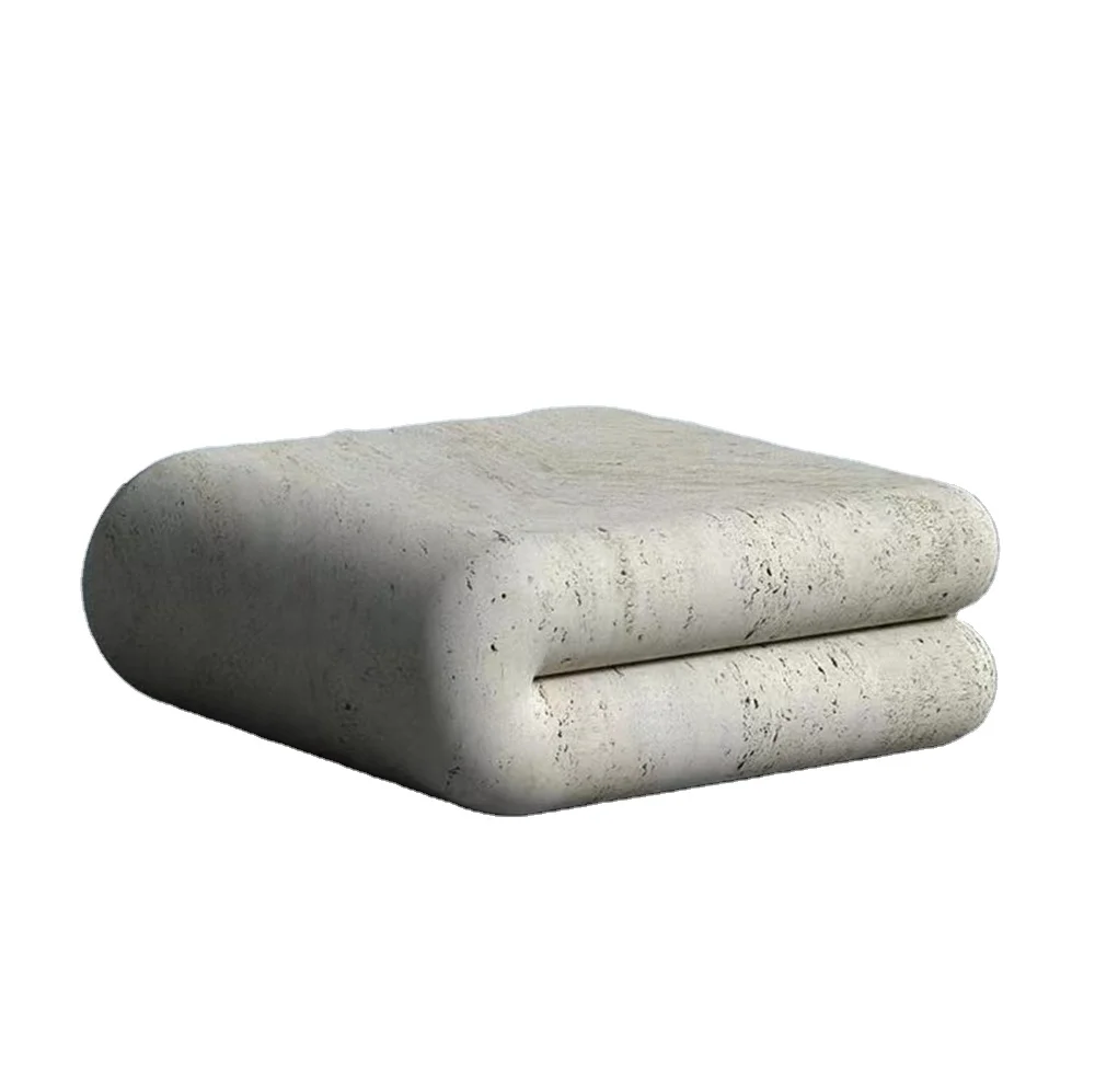 Hand Carved Beige Travertine Squared Stone Coffee Table Honed Surface
