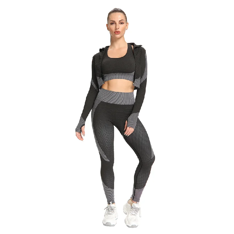 Three-piece Hot Buy High Elastic Long-sleeve Zipper Windproof Tight Seamless Sweat Sports Workout Bra Yoga Pants