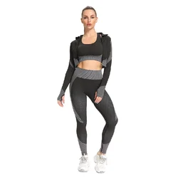 Three-piece Hot Buy High Elastic Long-sleeve Zipper Windproof Tight Seamless Sweat Sports Workout Bra Yoga Pants