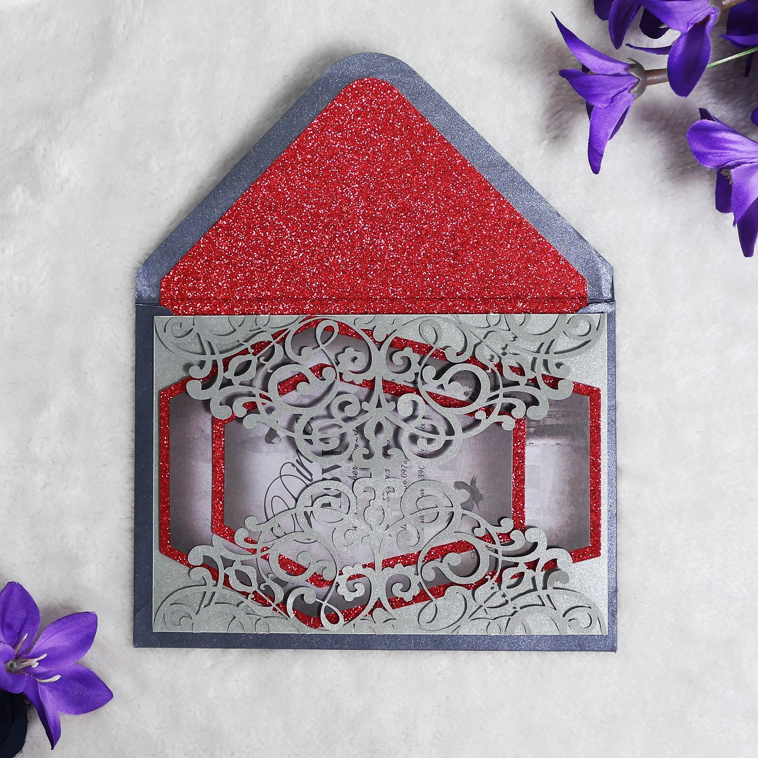 Glitter Laser Cutting Wedding Invitation Birthday Quinceanera Invitations Cards Red Shimmer Liner Envelope