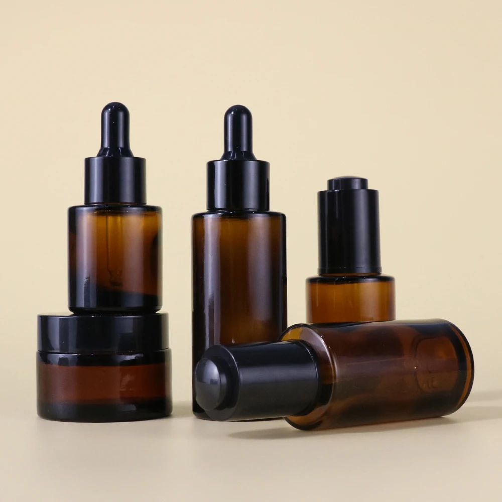 Amber 20 30ml 50ml 60ml 100ml 120ml toner flat shoulder cylinder glass dropper bottle for serum essential oil with black dropper