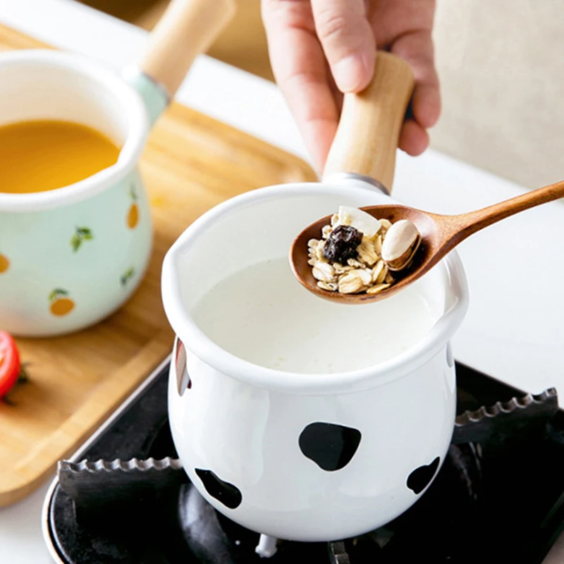 500ml Mini Enamel Coffee Milk Pot With Wooden Handle Saucepan Cookware For Baby Breakfast Oatmeal Cooking Gas Stove Induction