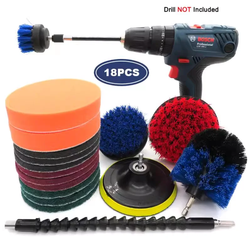 18pcs/set Green Brush Attachments Set Scrub Pads Sponge Power Scrubber Drill Car Cleaning Brush Kit with Extend Long Attachment