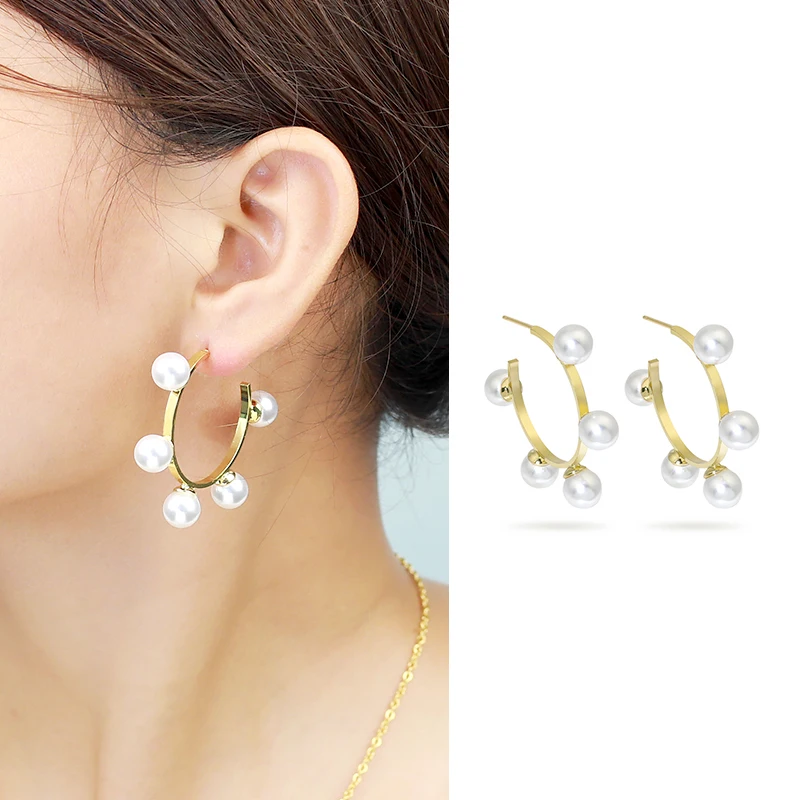 wholesale C shape stud earrings five pearl hoop earrings for girls party fashion jewelry earrings female