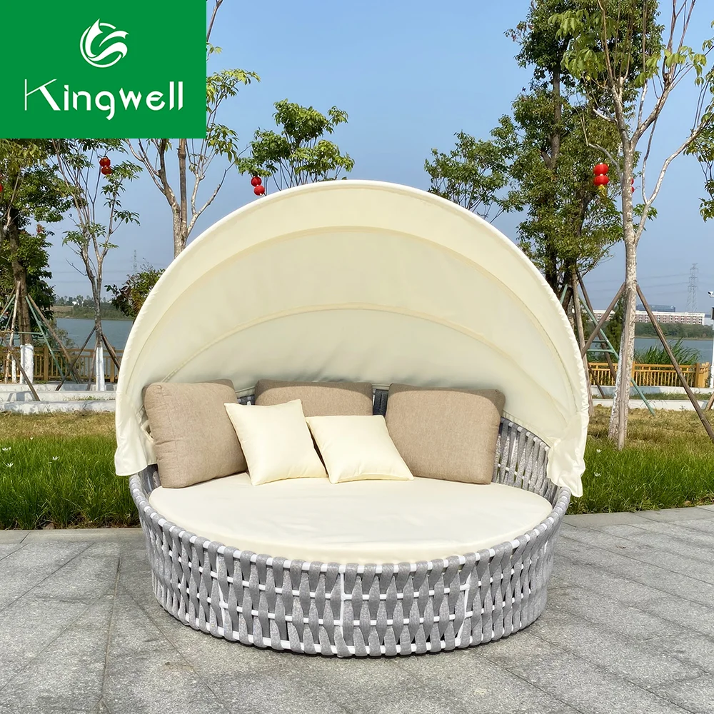 
Trendy outdoor furniture aluminum rope weaving round daybed with canopy 