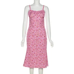 Strap Pink Dress Women Boutique Floral Casual Dresses Summer Slim Fit Midi Dress Korean