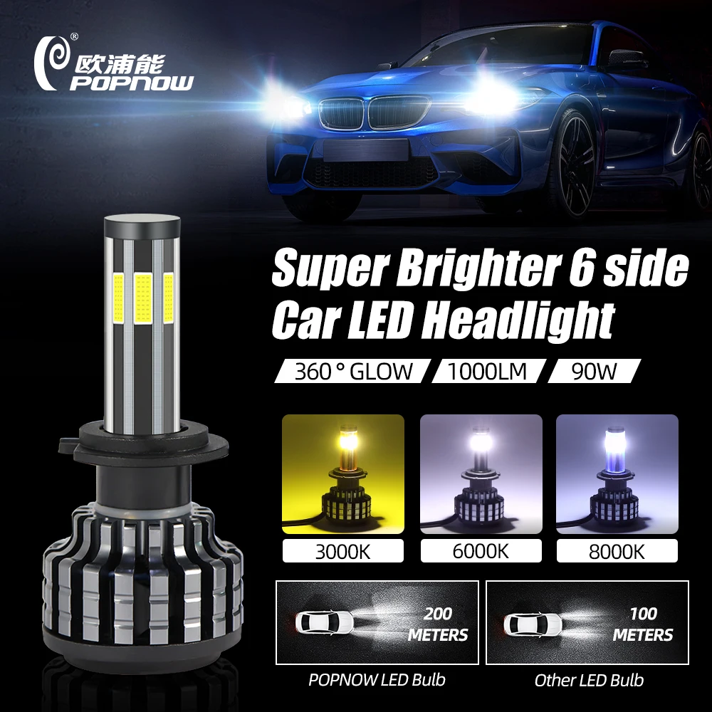 Super Bright 3 Color Led Headlight Bulb 360 Degree Light Perfect Beam 6 Sides 90W 10000LM Led H1 H3 H4 H7 headlight H11