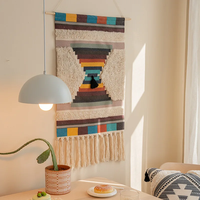 Embroidery Tufted Vintage Japanese Style Bedroom Dormitory Background Cloth Wall Hanging Tapestry With Tassels