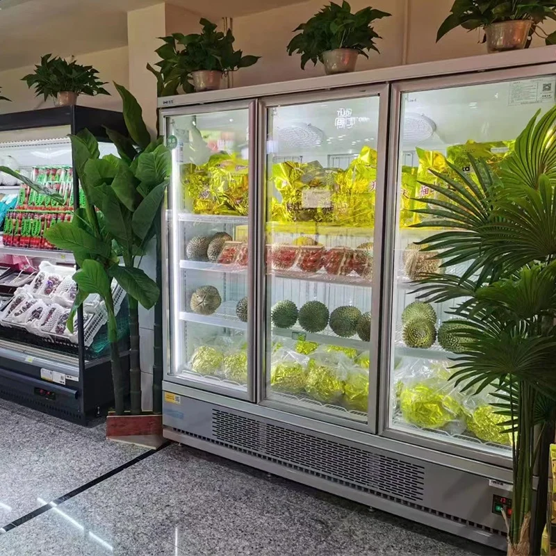 Супермаркет замороженные продукты 3 стеклянные двери промышленный вертикальный морозильник