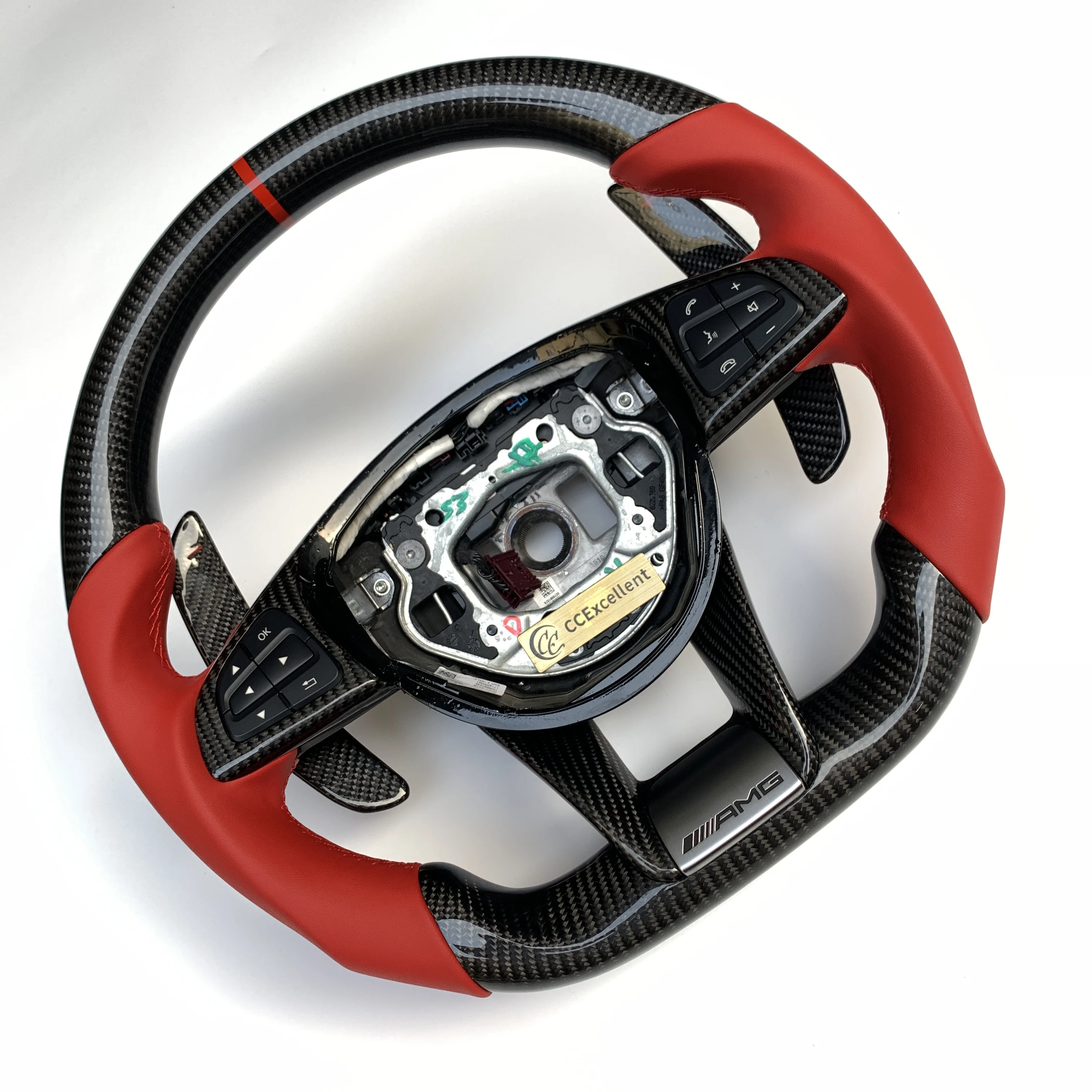 CCexcellent Hot selling factory price Benz real carbon fiber steering wheel for Benz W205 AMG with red smooth perforated