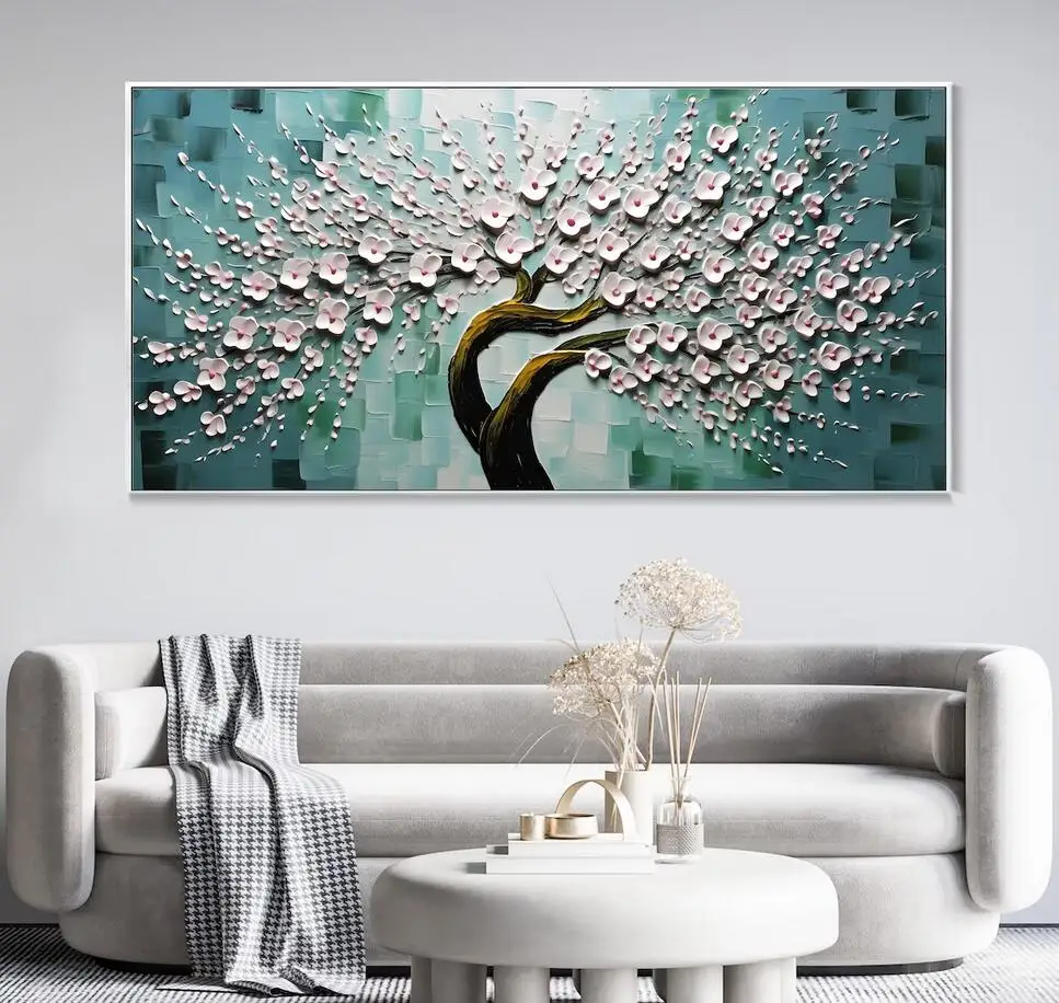 100% Hand Painted Tree Plant Canvas Art White Flower Tree Wall Decor Painting Fashion Wall Decor Art Living Room