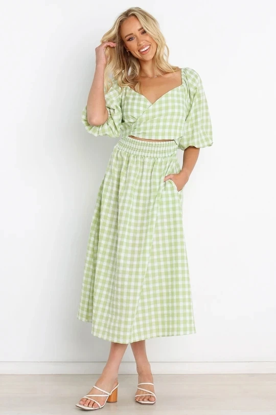 Summer Balloon Mid Sleeves Elastic Cuff Wrap V Neck Self Tie Cut Out Detail Shirred Waist Green Gingham Maxi Dress