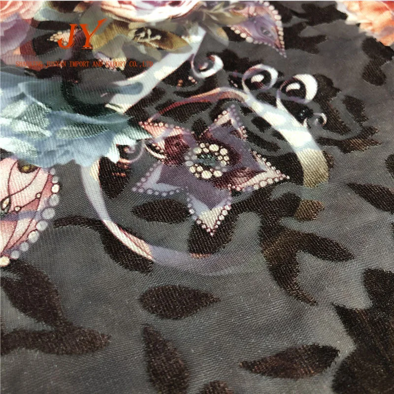 
knitted four way stretch flower print burnout velvet fabric for dress 