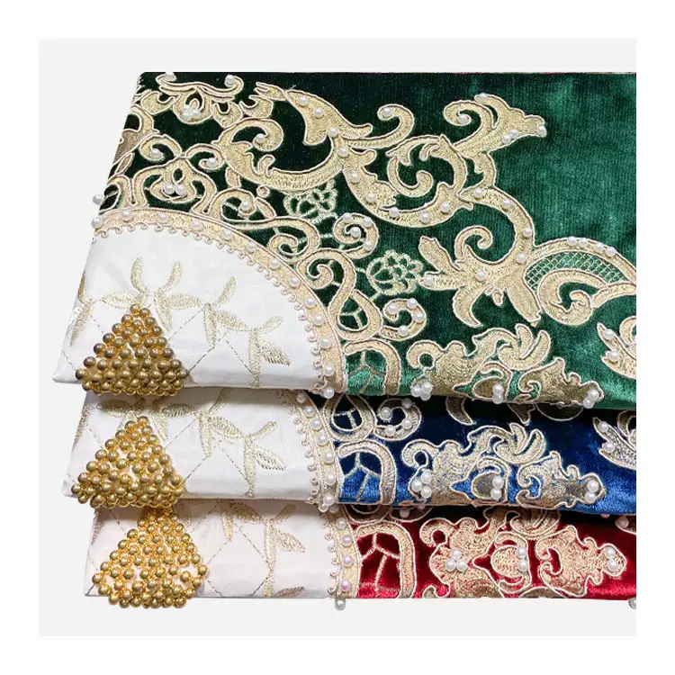 Factory Hot Sale Flower Upholstery Fabric Luxurious Moroccan Style Bead Embroidery Velvet Fabric for Sofa