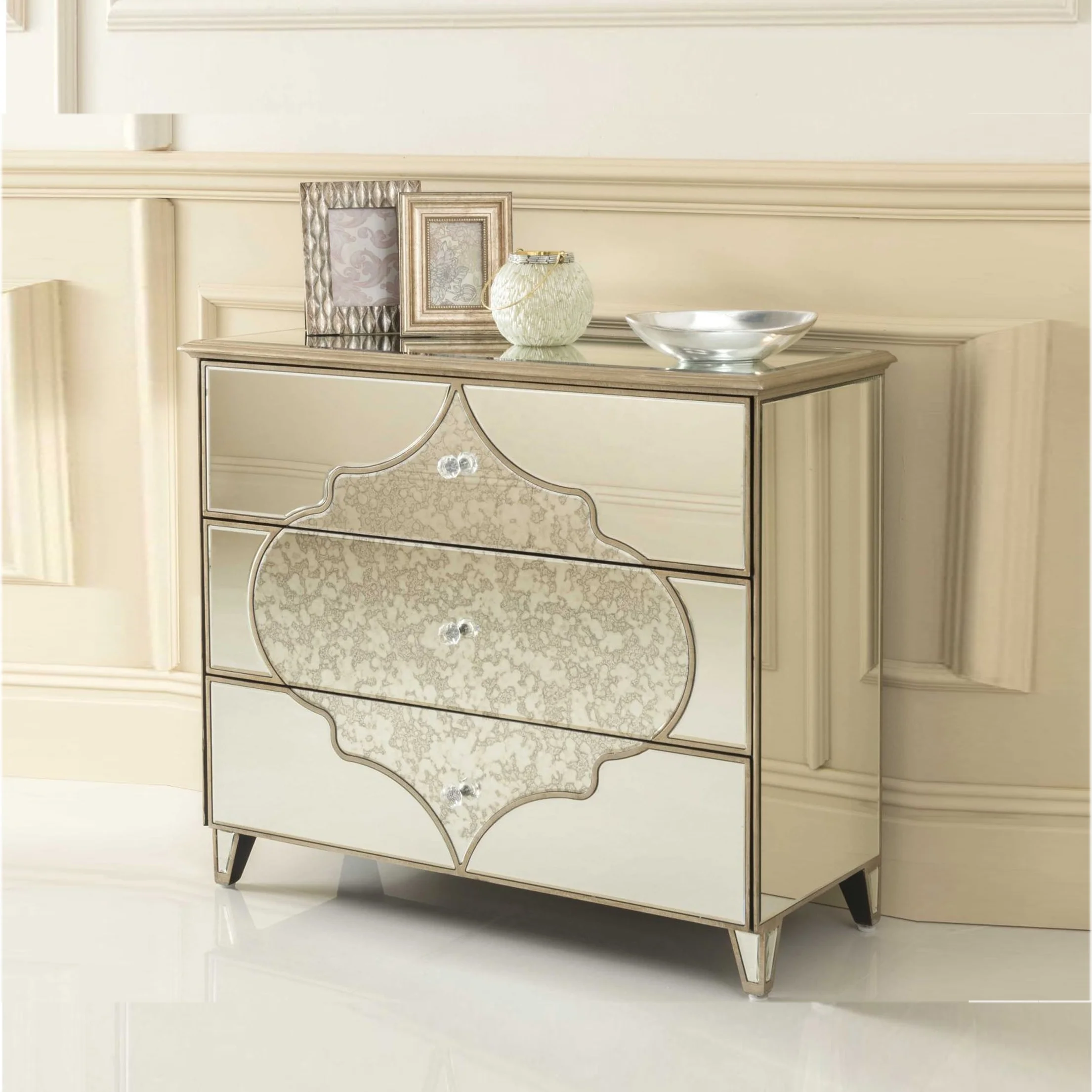 Antique mirror best selling golden line mirrored buffet cabinet side board with multi drawers
