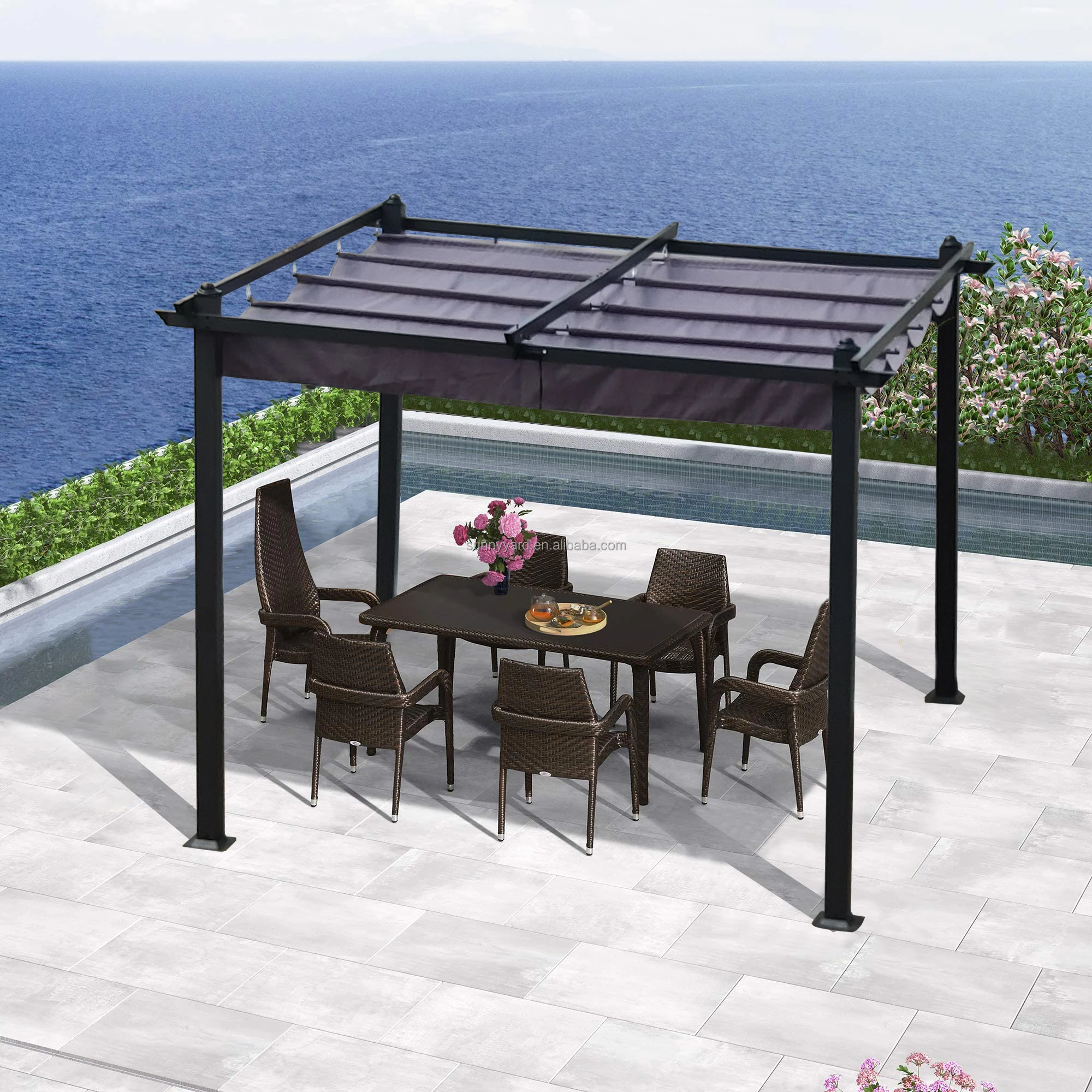 Outdoor Aluminium Gazebo with Retractable Sliding Sunshad Canopy water Proof Awning Pergola