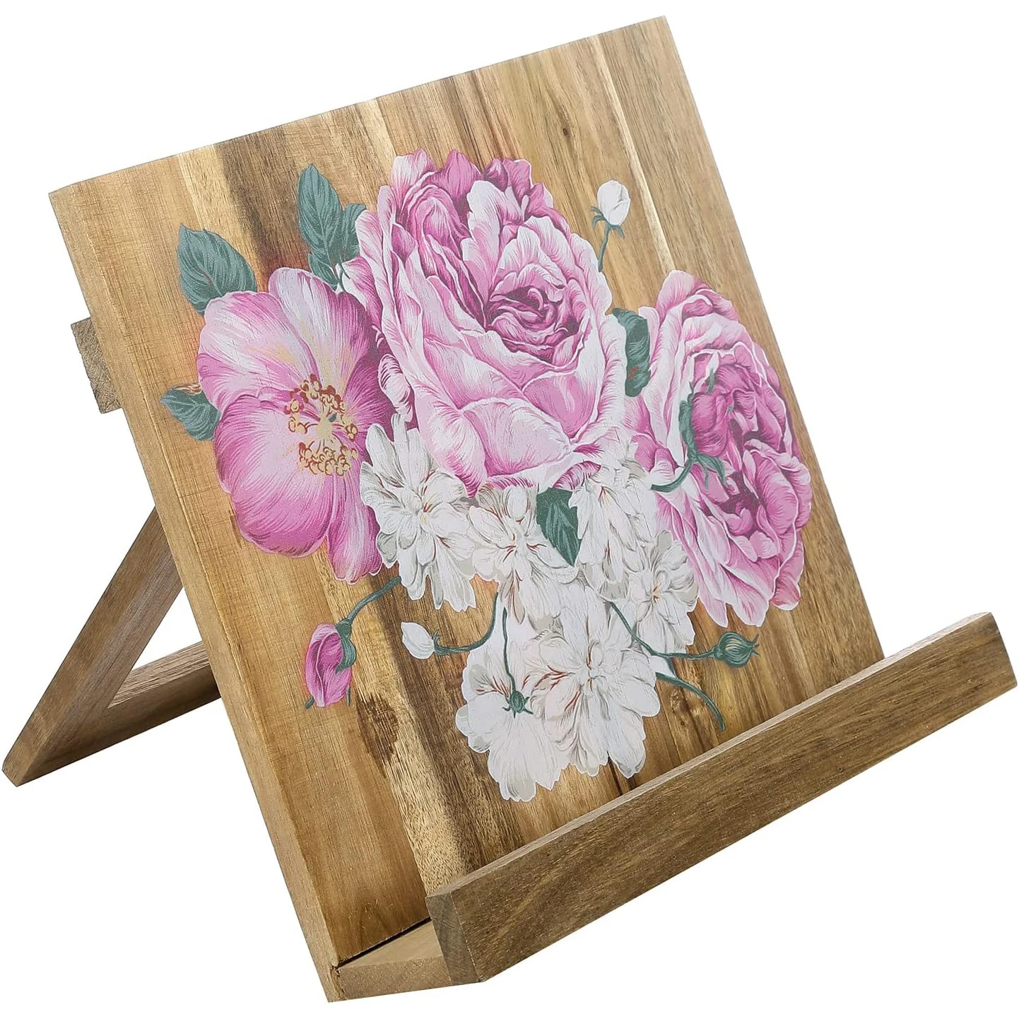 Acacia wood cooking bookshelf with hand-painted floral design Kitchen workbench recipe bookshelf Reading textbooks and flat