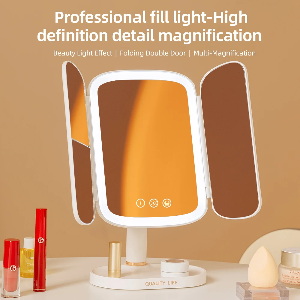 Oem Magnifying Led Makeup Mirror Screen Touch Led Lightes Trifold Magnification Foldable Makeup Mirror Espejo De Maquillaje