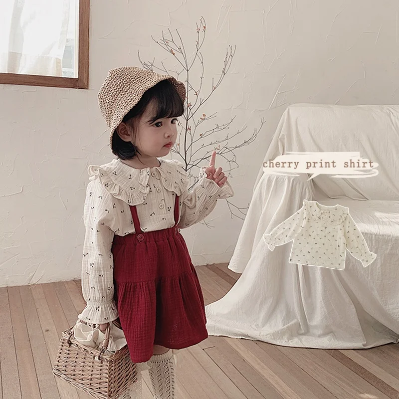 
6533/Beige hot selling spring fashion cherry girls shirt sweet turn down collar shirt 