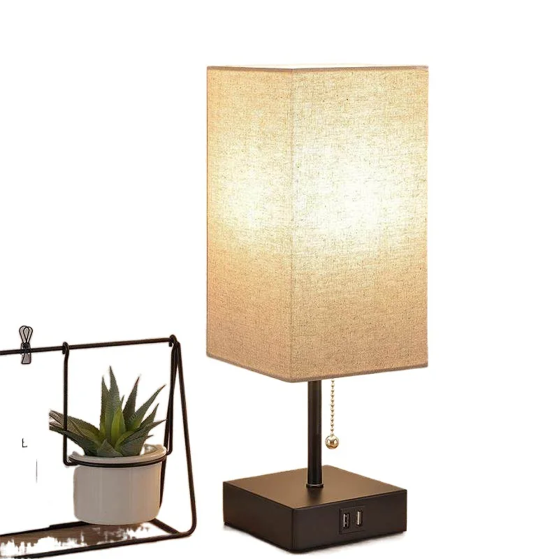 American Small Table Lamp Simple Modern Zipper Switch 2 Usb Charging Port Socket Bedroom Bedside Table Lamp LED 30 Brown Box DC