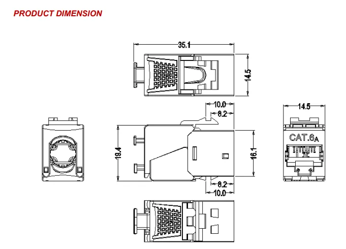 CAT6A 180 degree shielded keystone jack