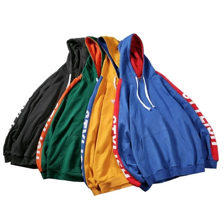 Unisex Fashion Fleece Printing Sleeve Striped Patchwork Womens Teens Custom Contrast Color Mens Streetwear Oversized Hoodies