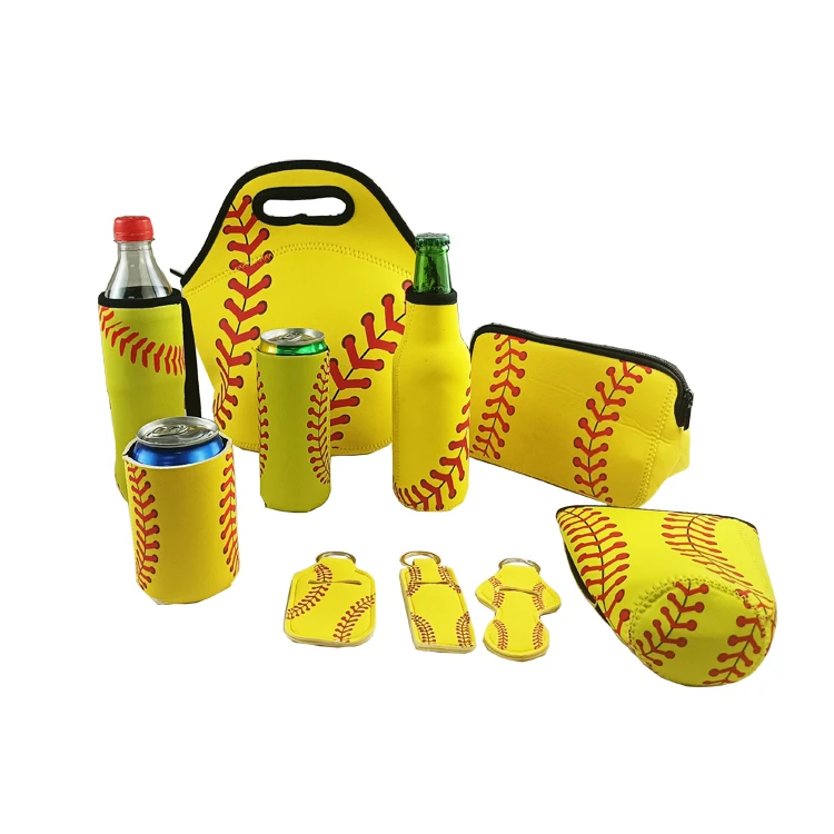 Sports design softball baseball lipstick holder cosmetic bag universal slim can cooler neoprene lunch tote bags glass sleeves