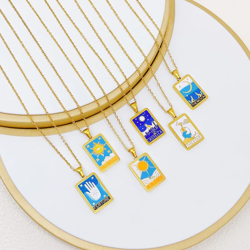 Merryshine Vintage Good Luck Amulet Stainless Steel Square Colorful Enamel Tarot Card Pendant Necklace