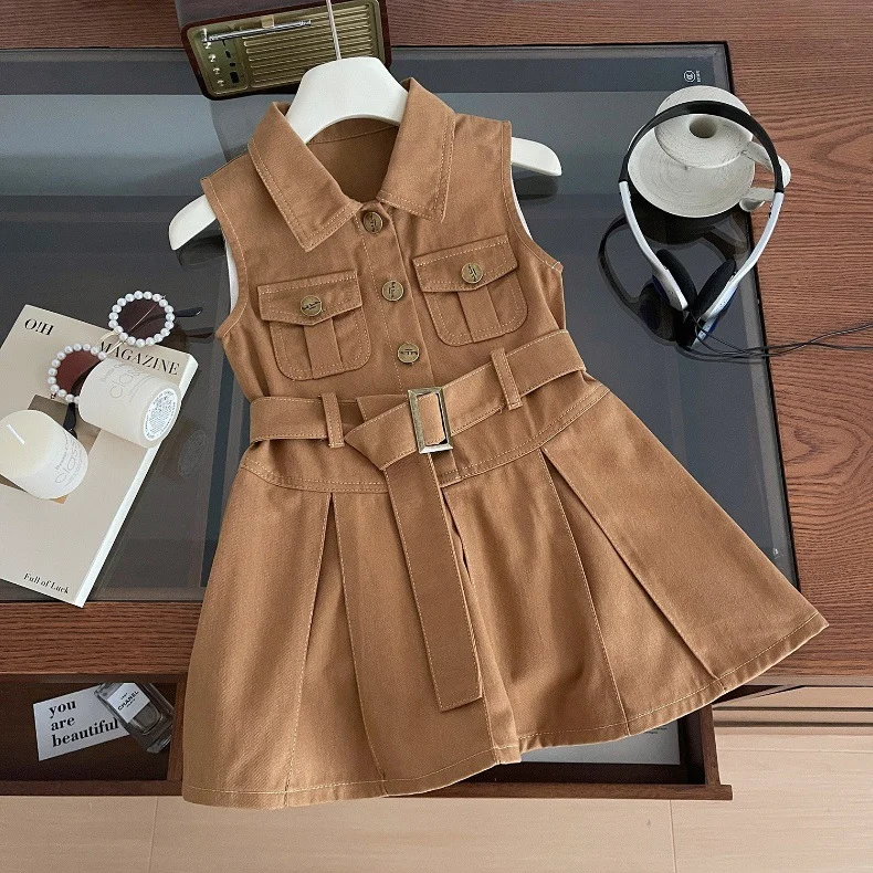 Boutique Summer Denim Cotton Baby Dresses Sleeveless Casual  Baby Girls Denim Dresses Visible Pockets Casual Dresses