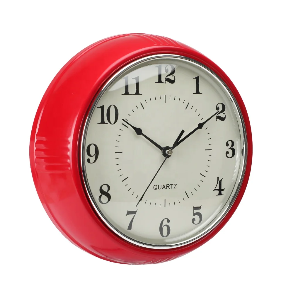 Red Classical analog style retro round convex glass Plastic quartz kitchen custom wall clocks