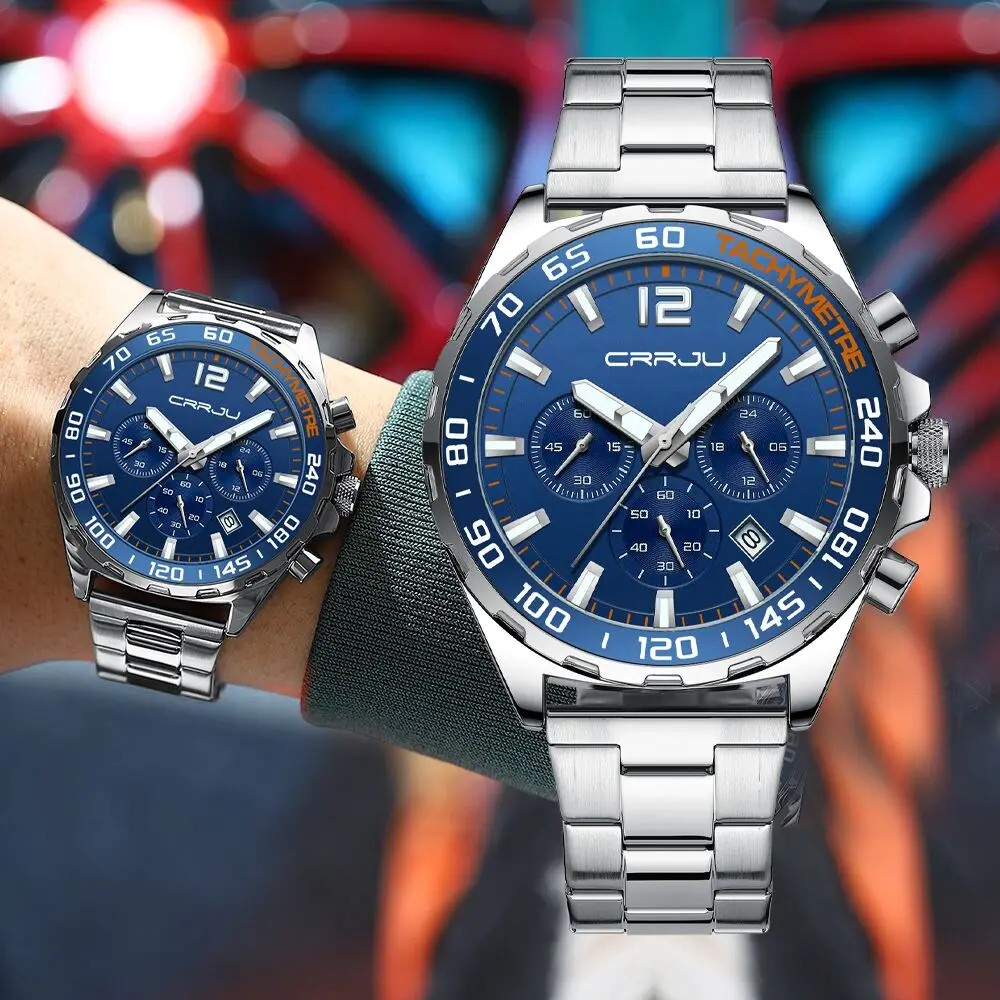 CRRJU original factory causal  luxury all stainless steel case chronograph quartz man male wrist watch jam tangan