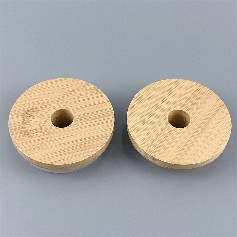 wholesale 70mm Durable Drink Jar Mason Jar Lids 86mm Wooden Bamboo Lid With Straw Holes