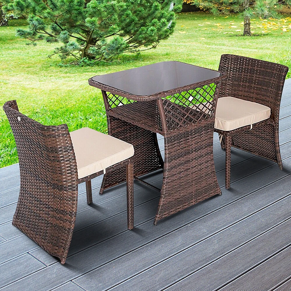 3 Piece Rattan Outdoor Patio Bistro Mini Set with Cream Cushions Without Assembly Space Saving Design Compact Table and Chair