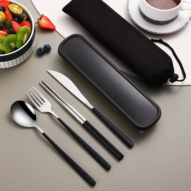 High Quality 304 Stainless Steel Portable Gift Cutlery Set Korean Cutlery Knife Fork Spoon Chopsticks Four-piece Portable Set