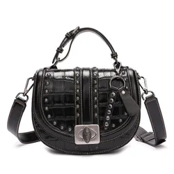 2019 Crocodile Leather Women Bag Top Grain Cow Leather Fashionable Handbag Lady Rivet Shoulder Bags Black