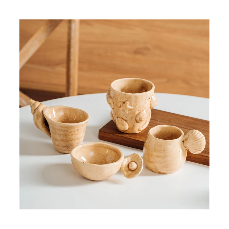 Wholesale handmade nordic cheap european gift set ceramic coffee tea cups with ocean decoration