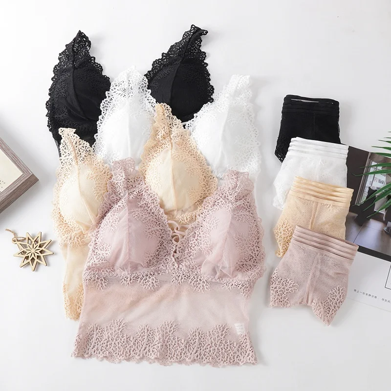 Cheap Women Sexy Cross Bra Underwear Padded Ladies Lace Bra Panty Set